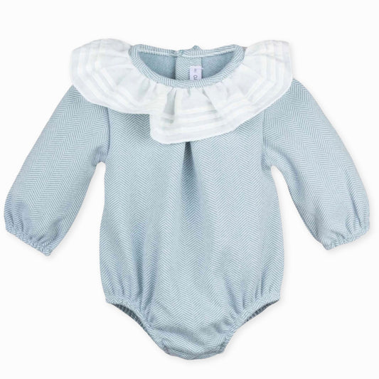 baby girls green calamaro romper with ruff neck