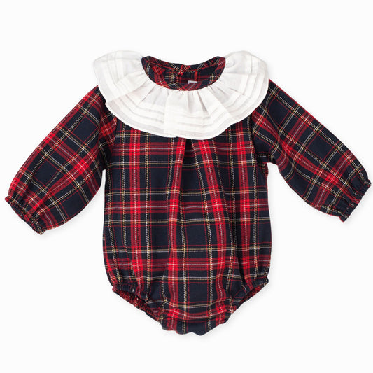 red traditional baby girls tartan romper
