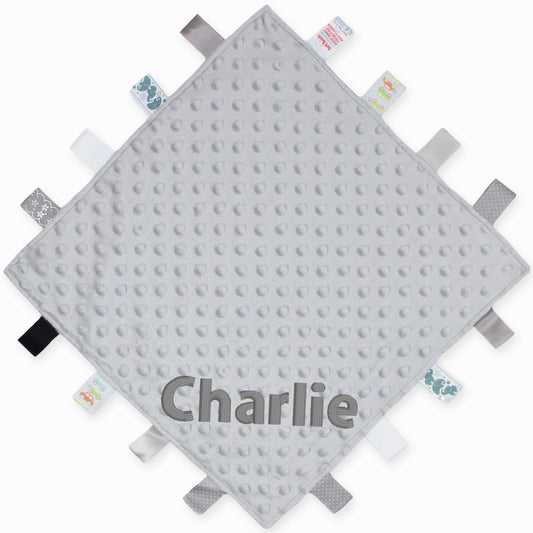 personalised grey baby taggy
