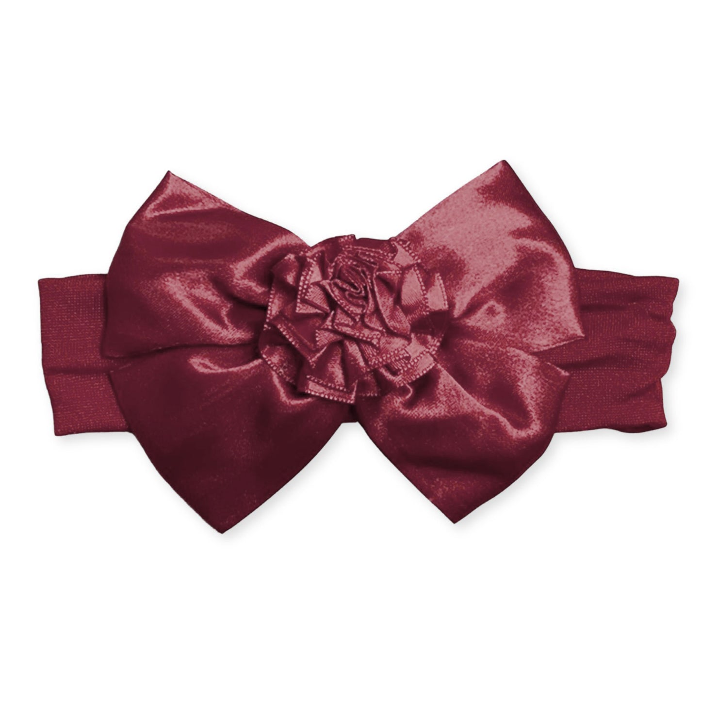 Baby Girls Satin Headband with Bow and Flower - Burgundy