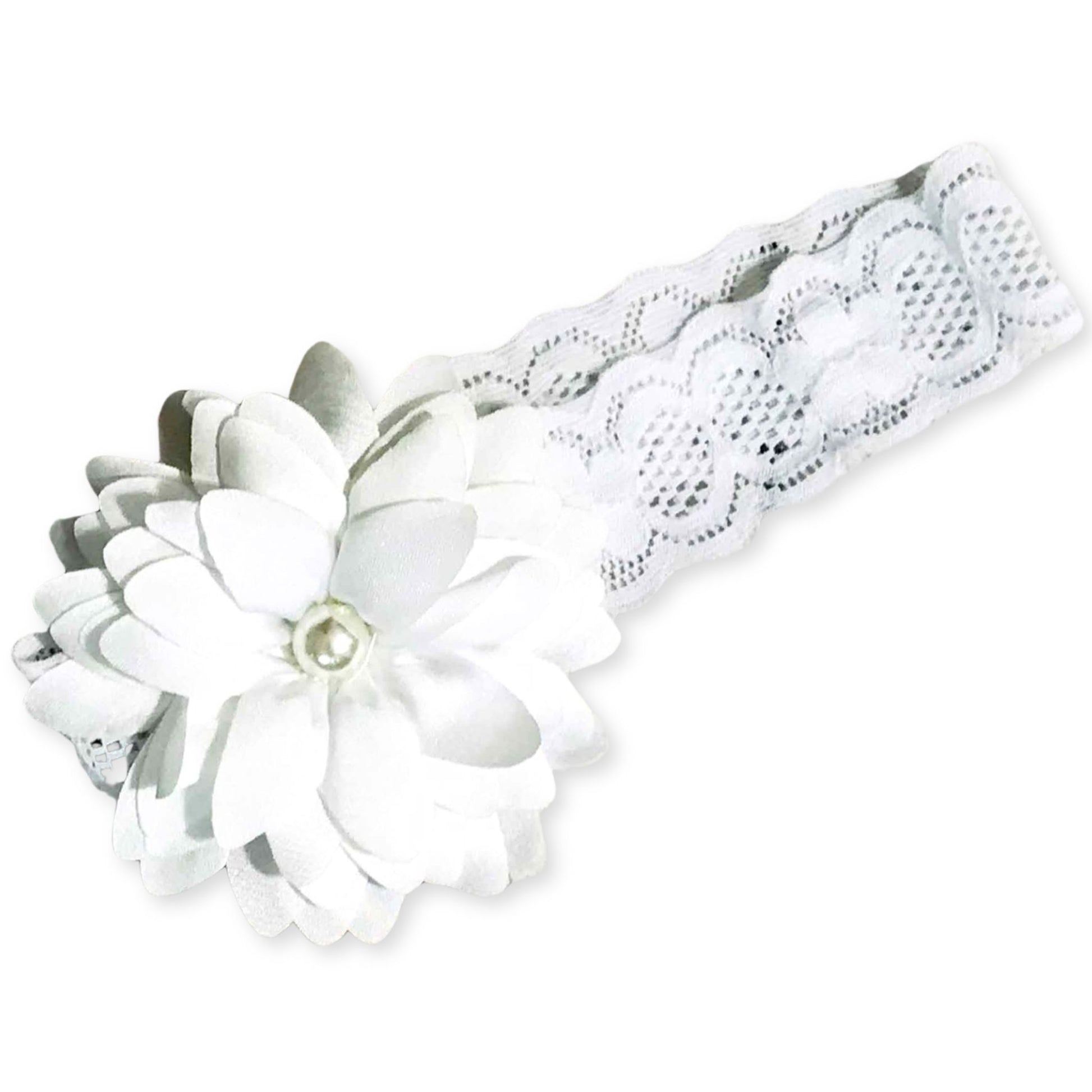 baby girl headband with white flower and pearl