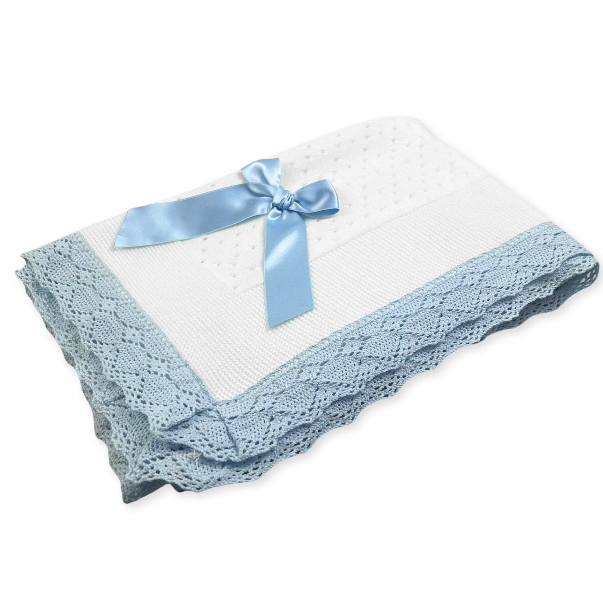 baby boy knitted shawl blue ribbon