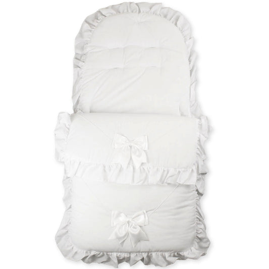 baby unisex footmuff or cosy toes in white with bows