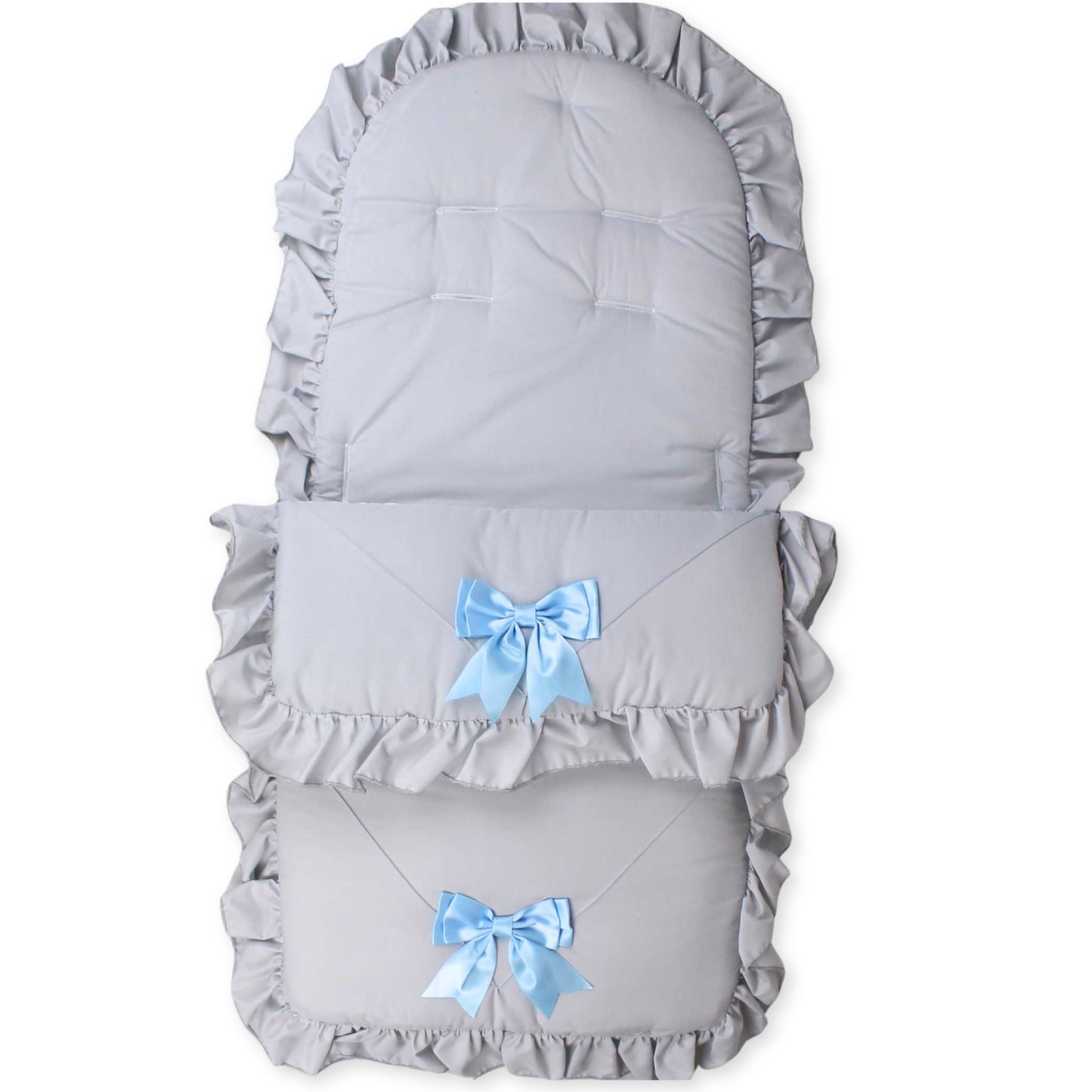 baby grey and blue cosy toes footmuff with bows