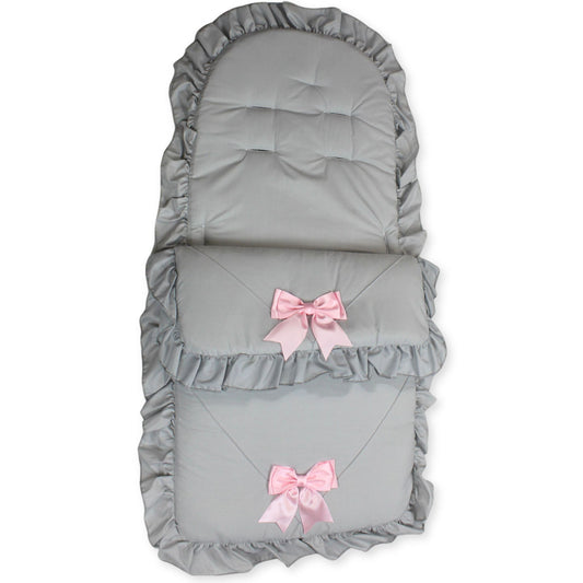 grey baby footmuff cosytoes with pink bows