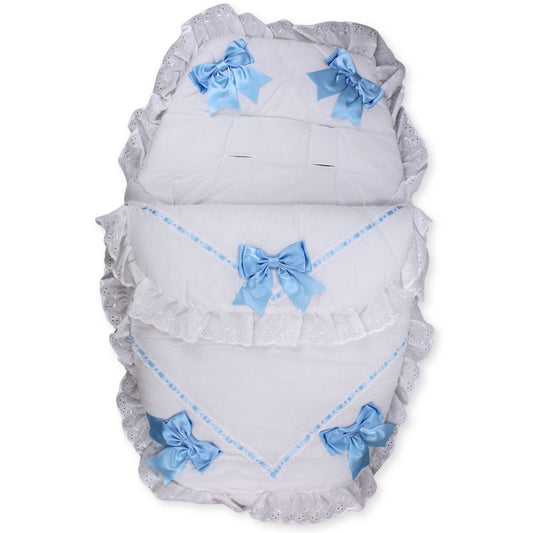 pram footmuff cosytoes in white with 5 blue bows