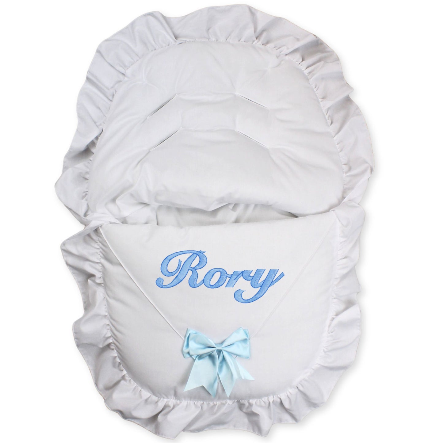 baby boys personalised car seat muff white with blue bow