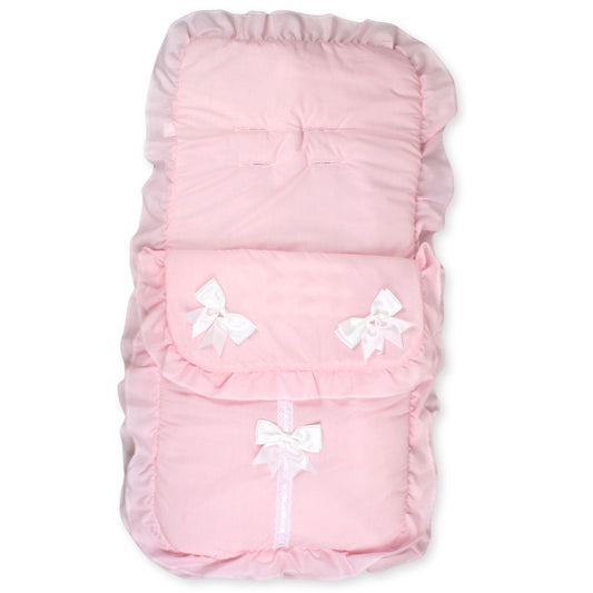 baby girl pink footmuff cosytoes with white bows