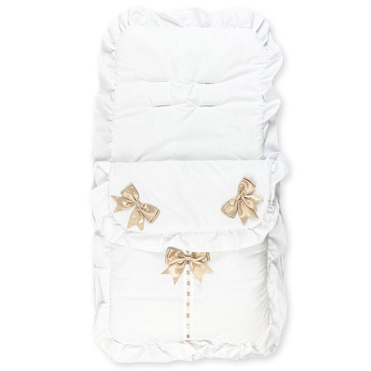 white footmuffs with beige bows