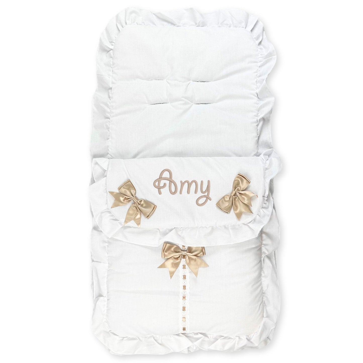 unisex white and beige footmuff personalised