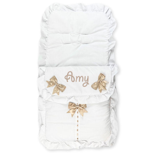 unisex white and beige footmuff personalised