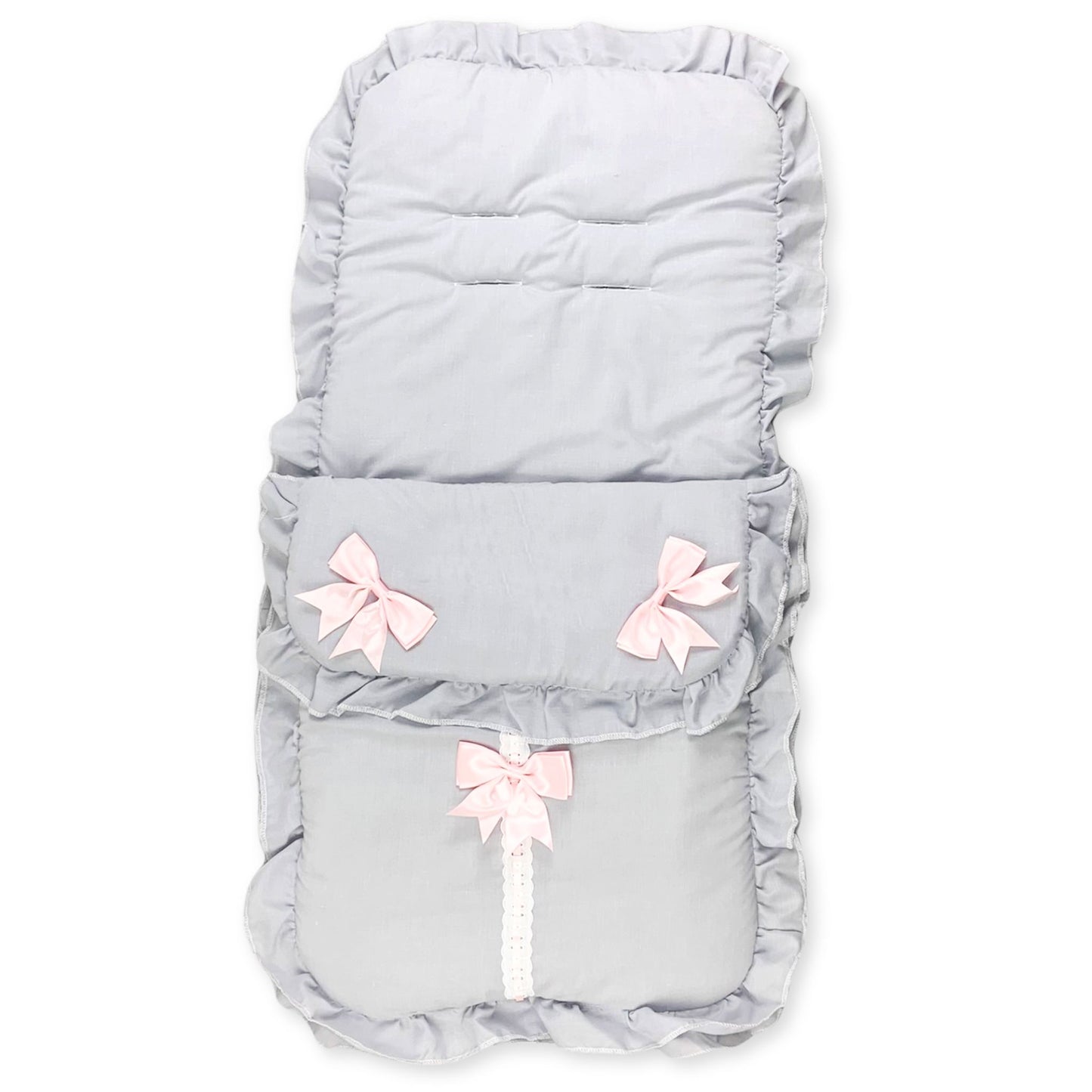 baby girls grey and pink three bow footmuff