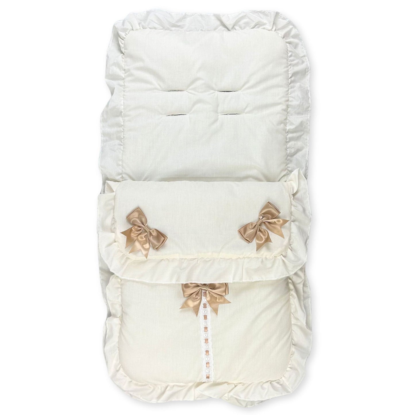 cream footmuff with three beige bows