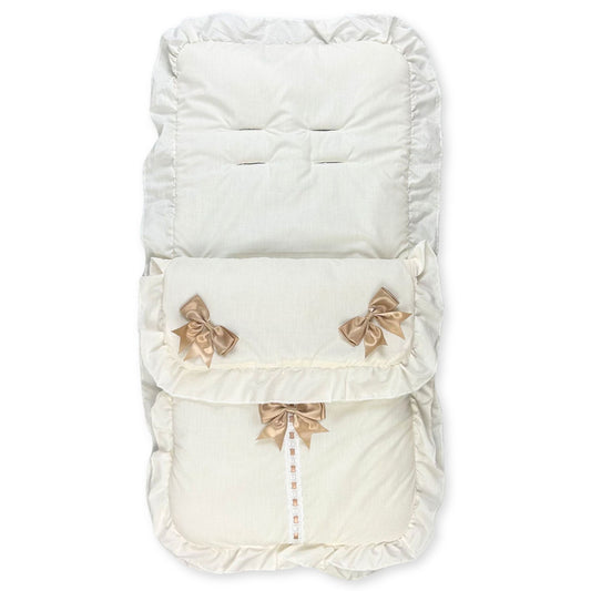 cream footmuff with three beige bows
