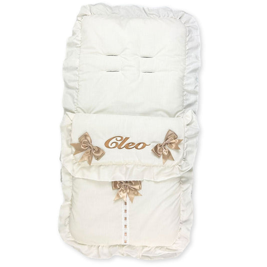 cream and beige footmuff personalised with baby name
