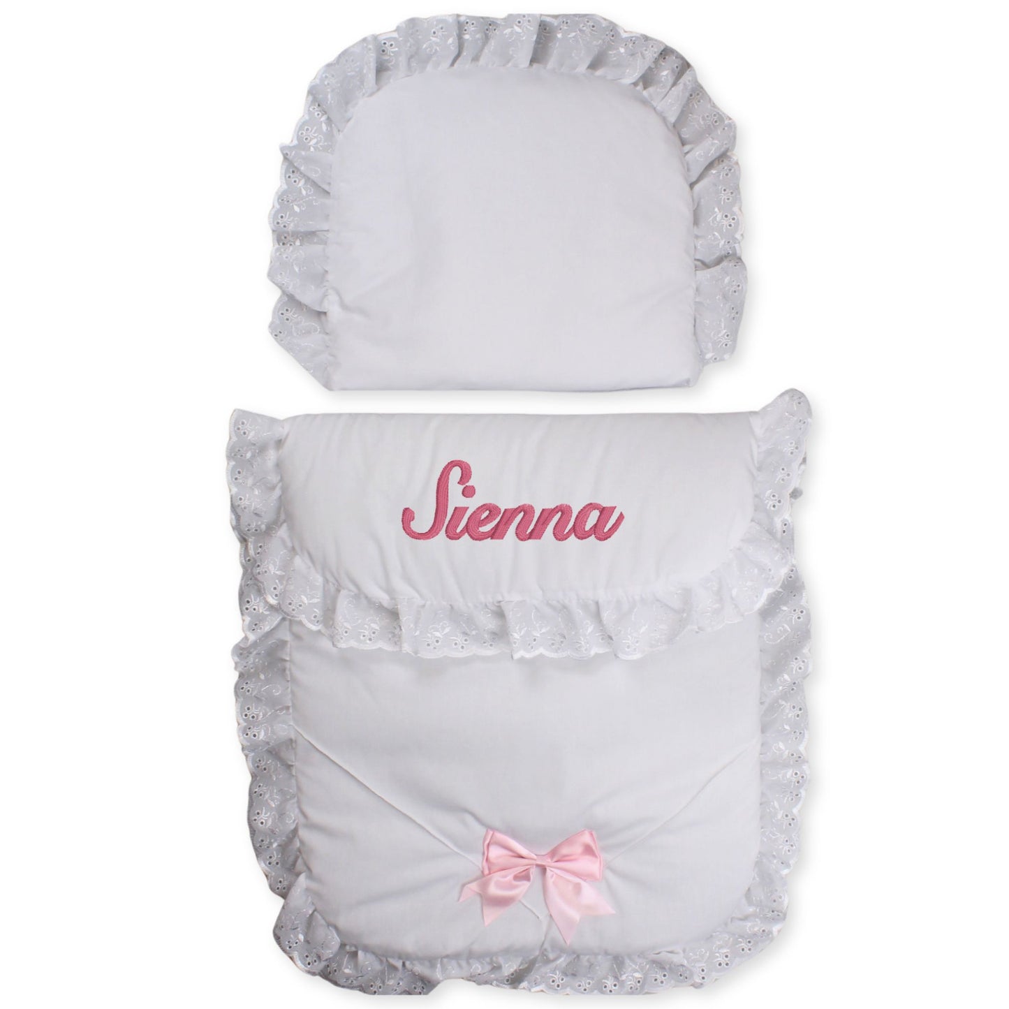 baby girls white pramset with pink bow