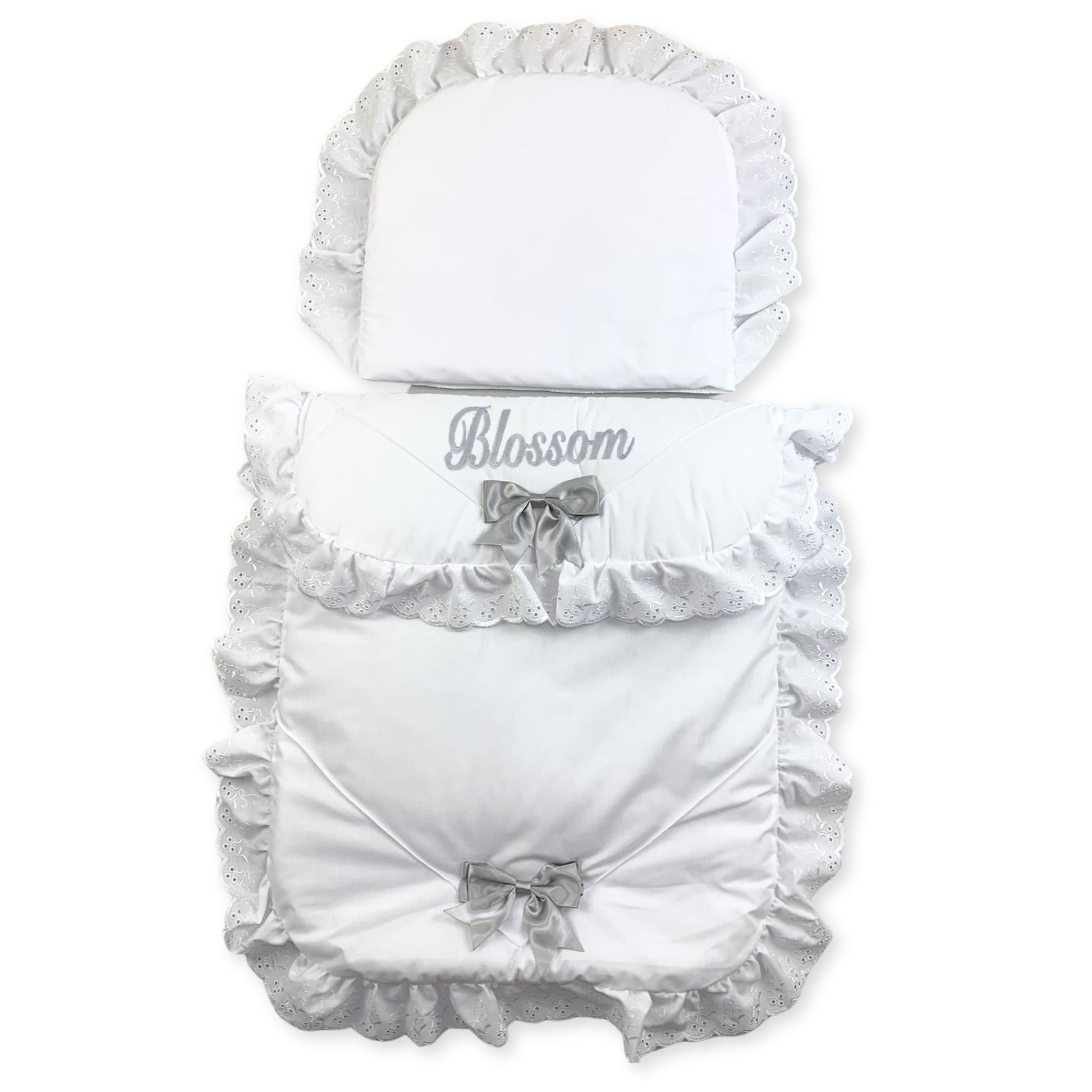 personalsied white pram set with grey bow