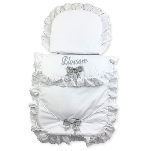 personalsied white pram set with grey bow