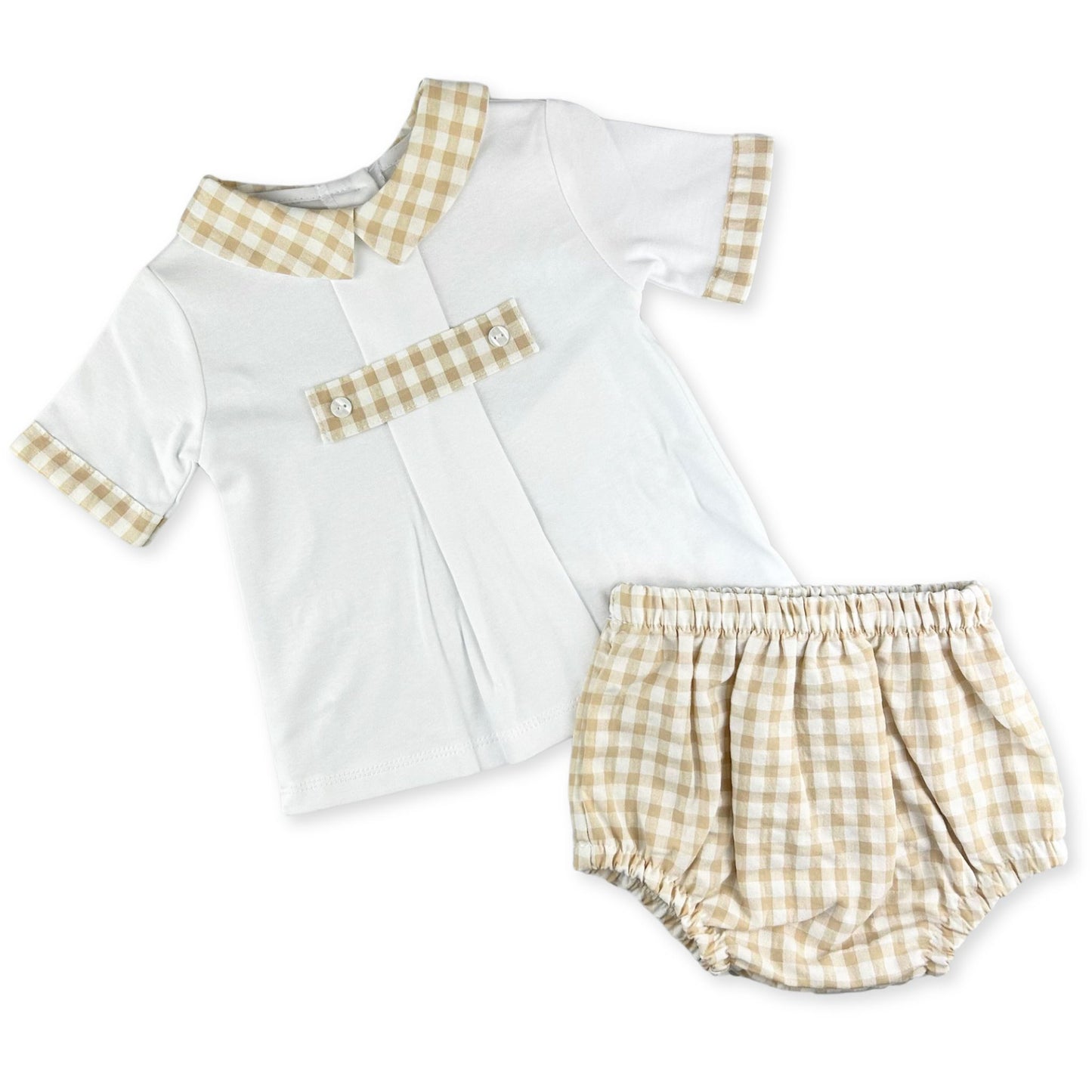 A baby outfit set with a white short-sleeve shirt featuring beige-checked collar and front, and matching beige and white checked jam pants with an elasticated waistband.