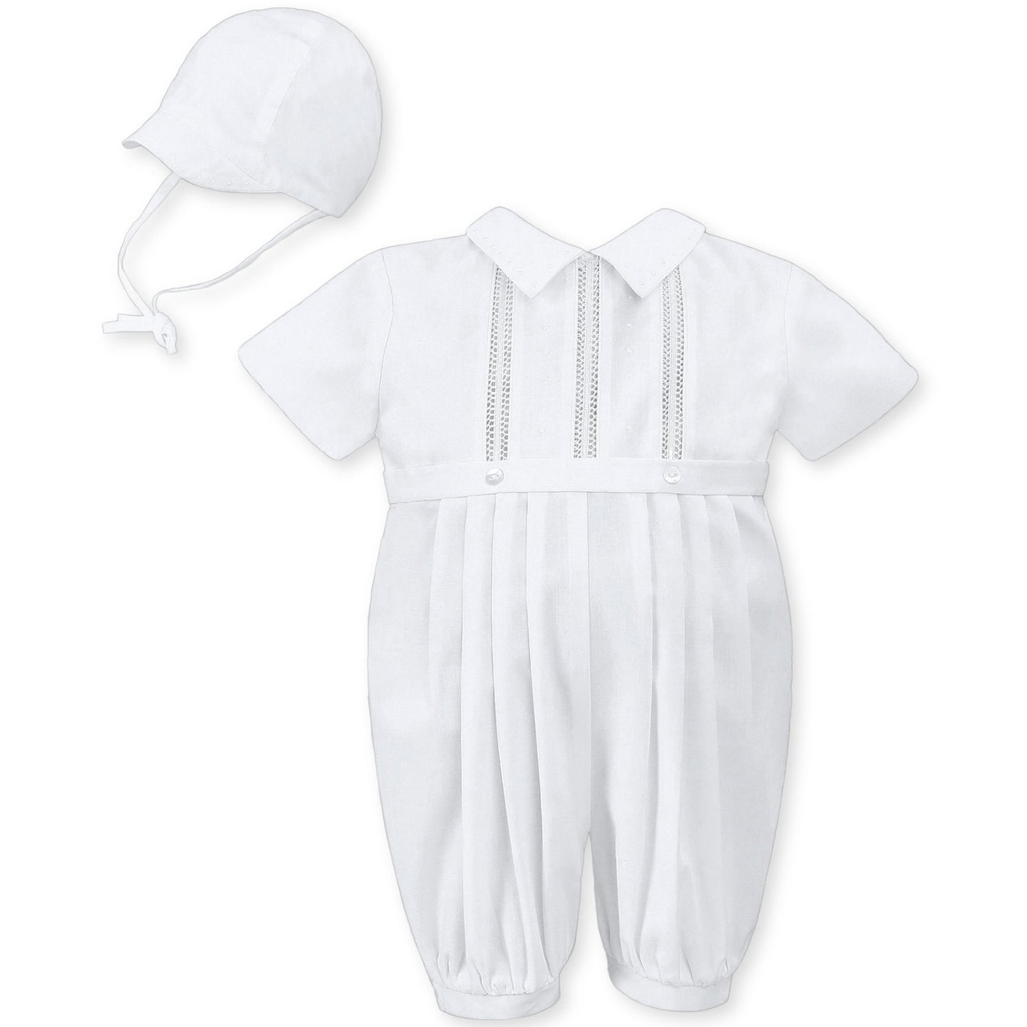 baby boys christening romper and hat in white