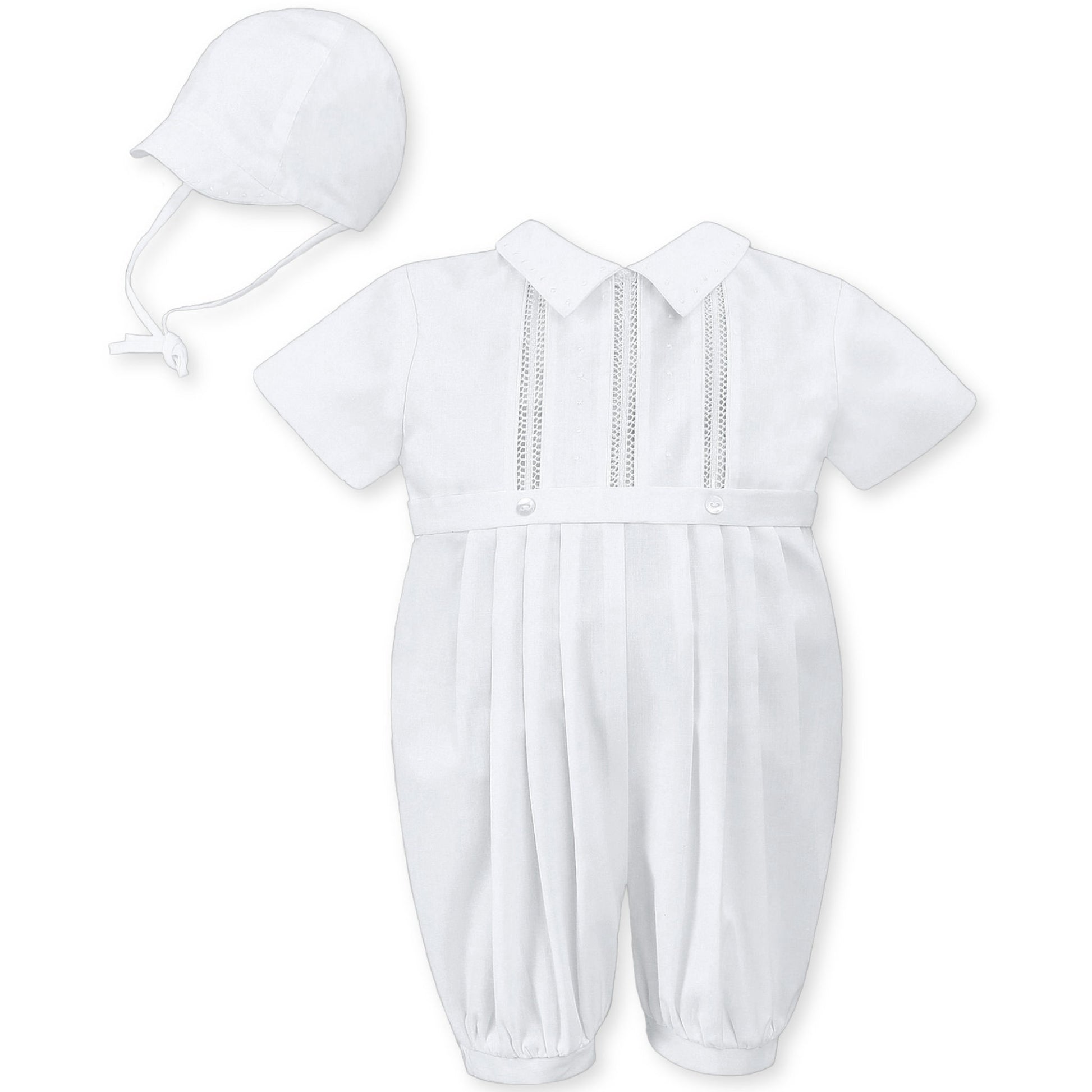 baby boys christening romper and hat in white