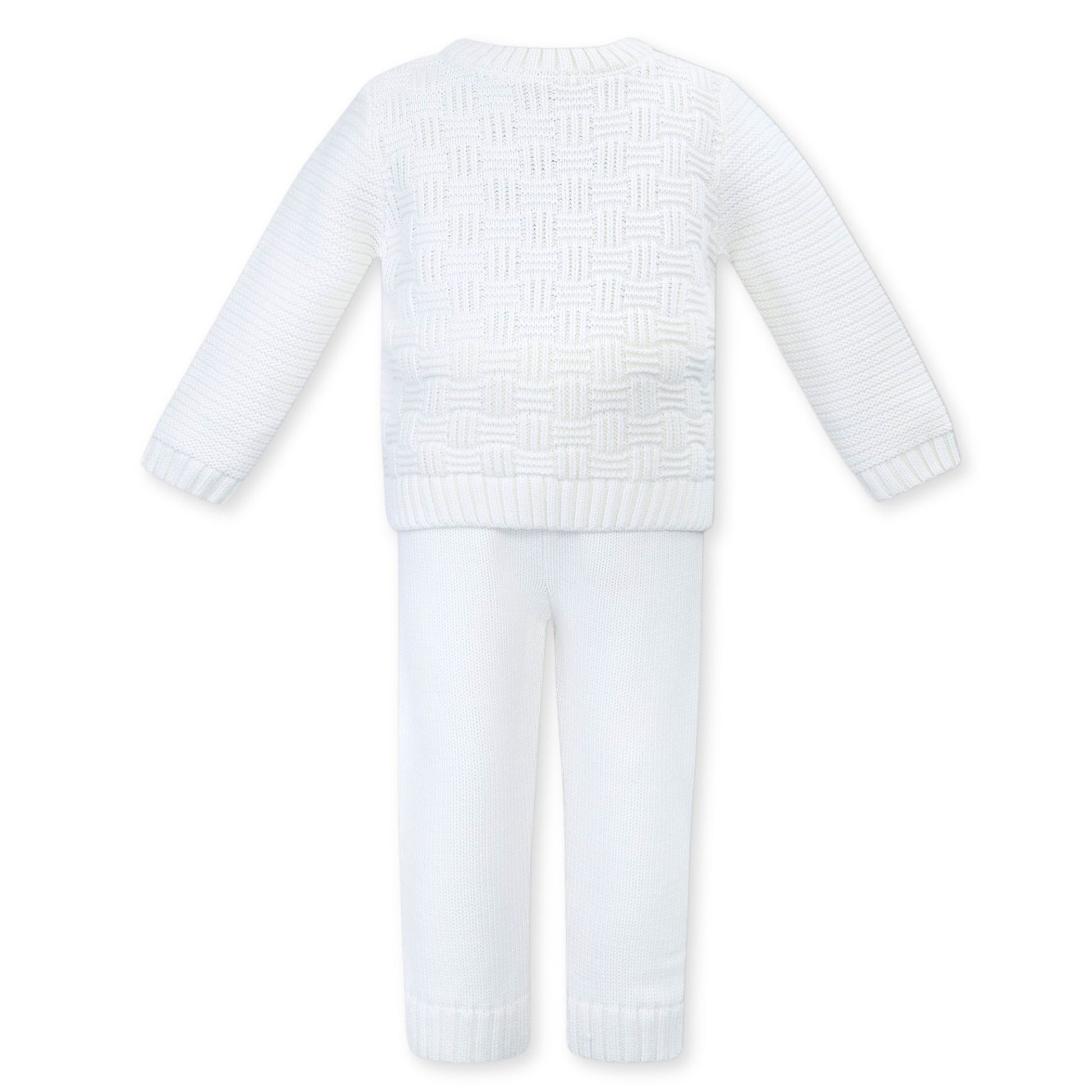 baby unisex knitted outfit with shirt and trousers white