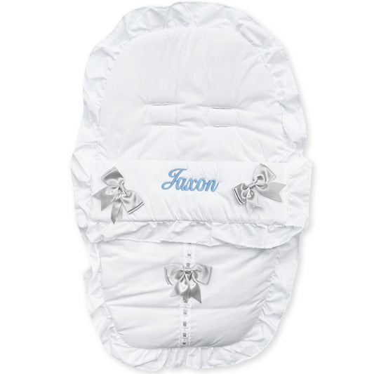 personalised car seat footmuff cosytoes white with grey boes