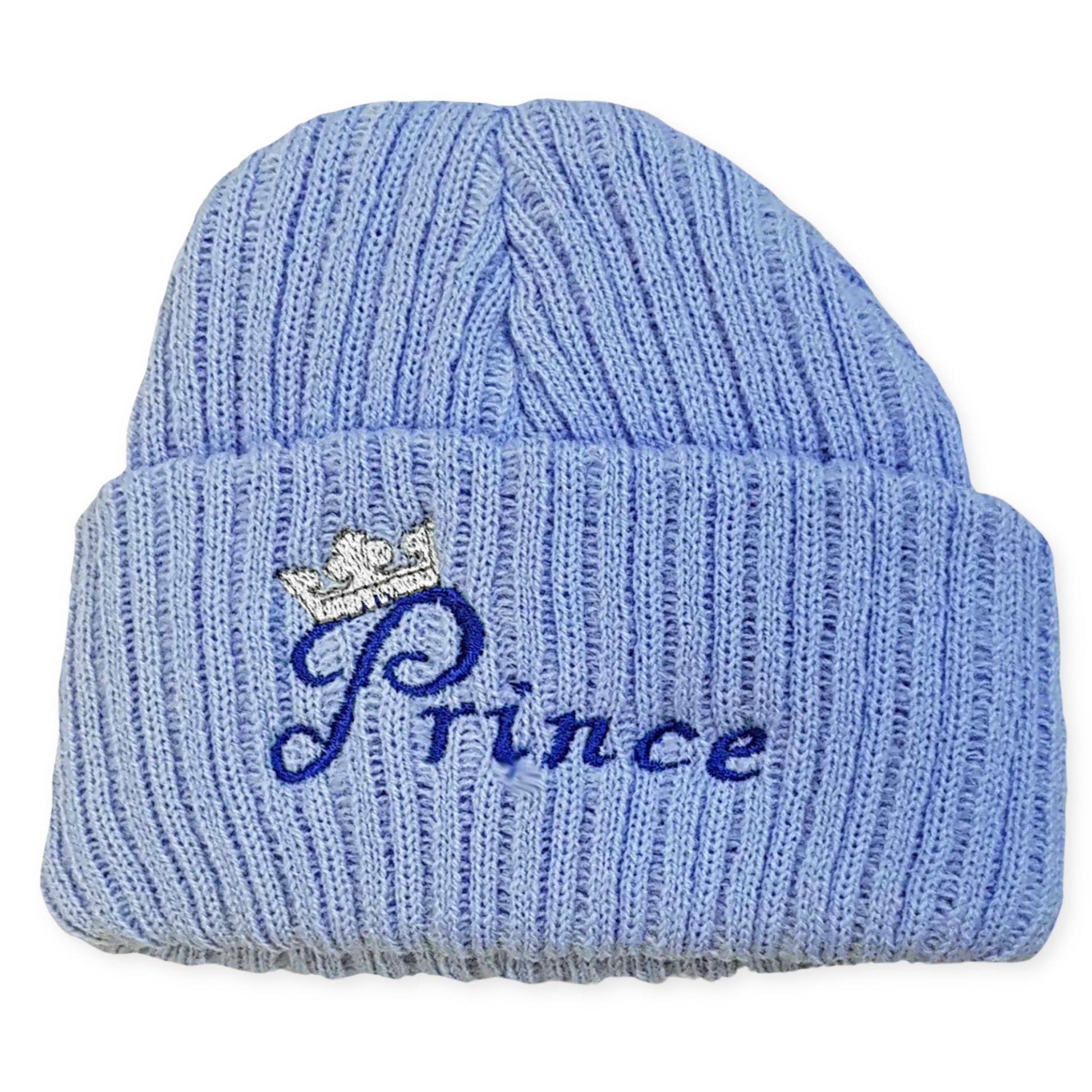 newborn baby boy beanie hat blue with prince embroidery