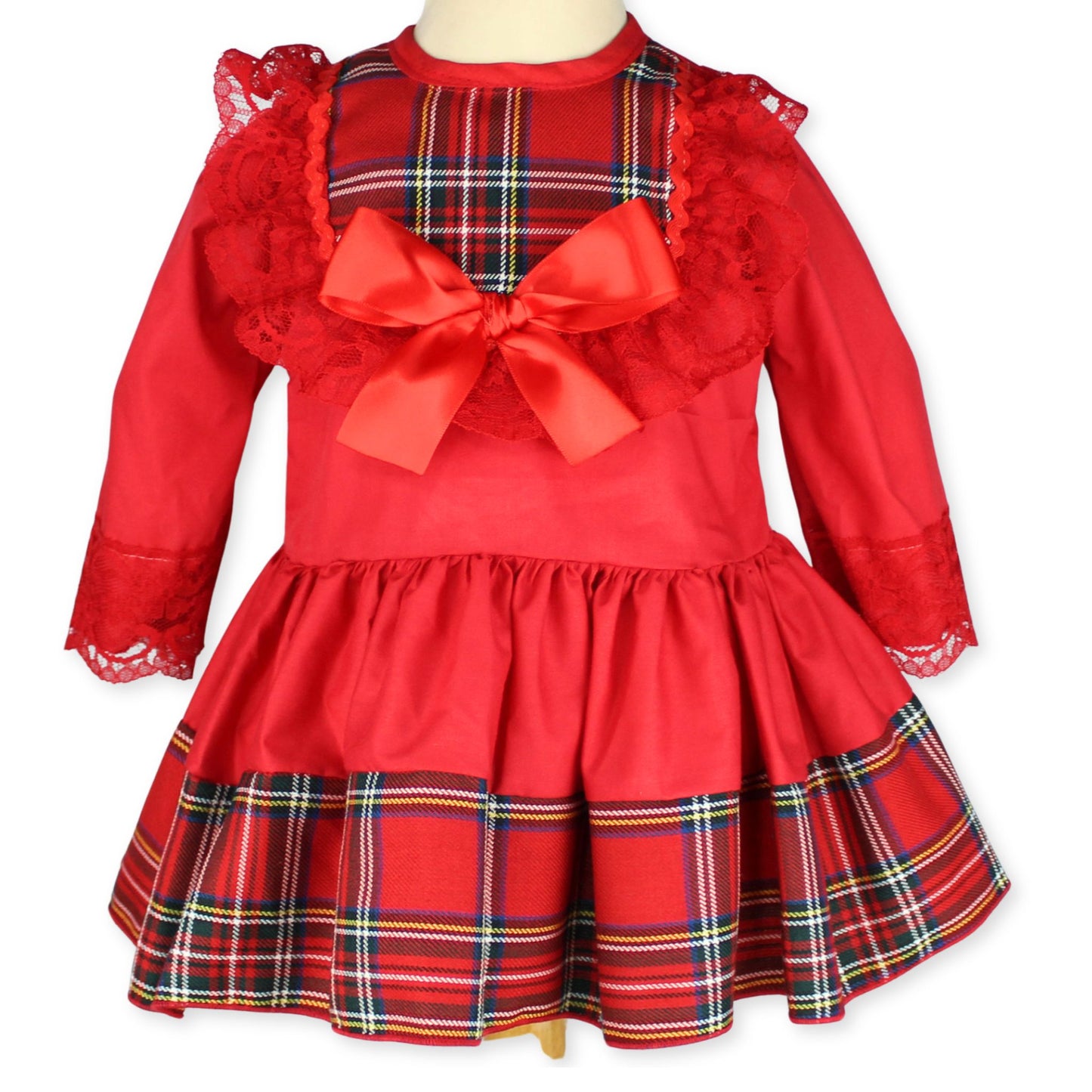 baby girls frilly red and tartan dress with bow
