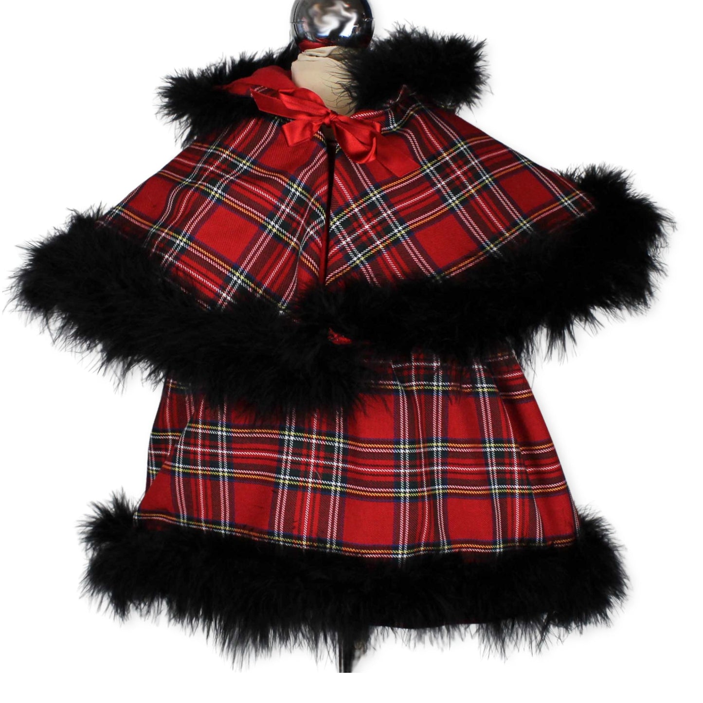 baby girls red tartan dress and cape with marabou feathers
