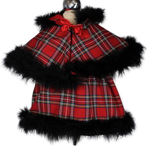 baby girls red tartan dress and cape with marabou feathers