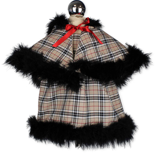 beige tartan black fur outfit