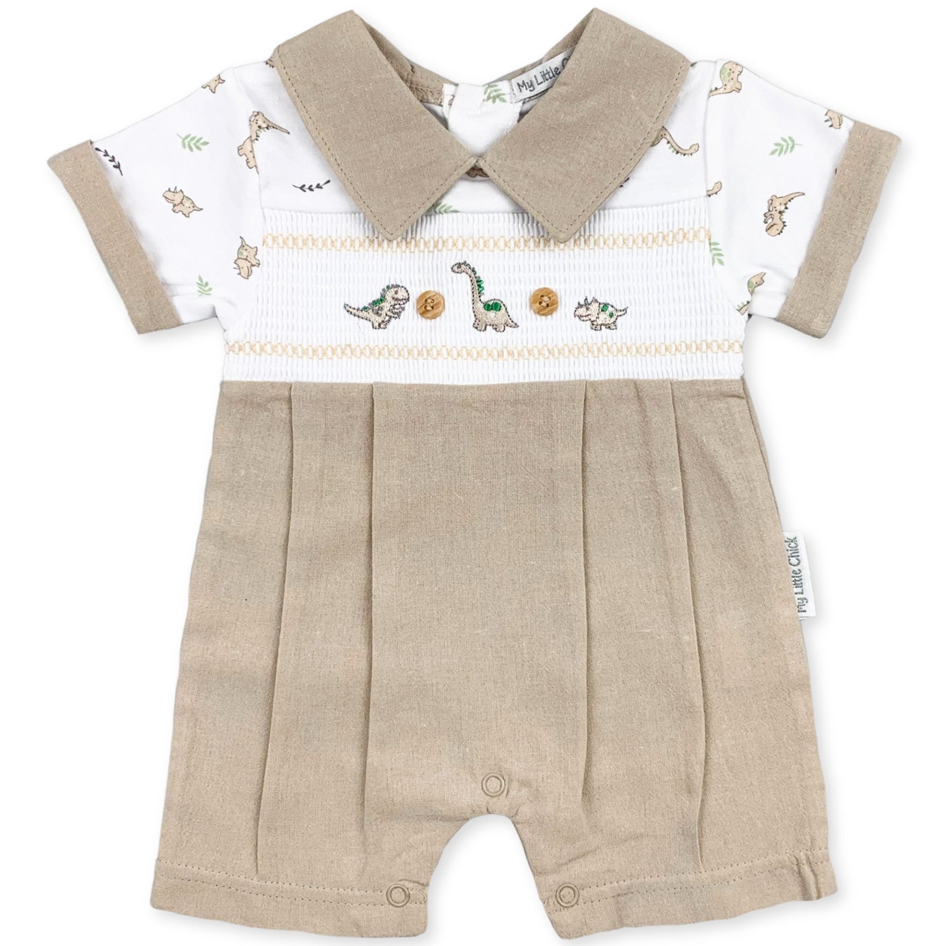 baby boys linen summer romper with dinosaurs