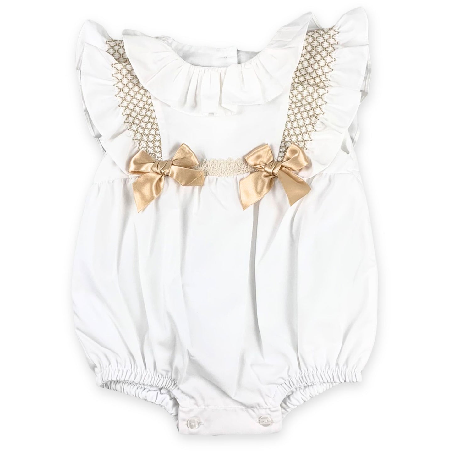 baby girls spanish style romper with gold bows in white