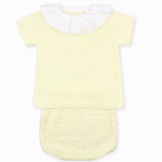 baby girls yellow and white two piece knitted outfit