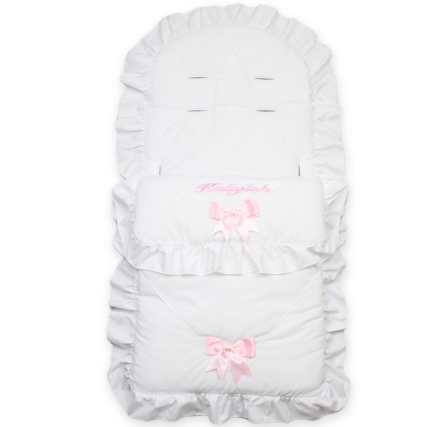 white personalised footmuff cosytoes with pink bows for a baby girl
