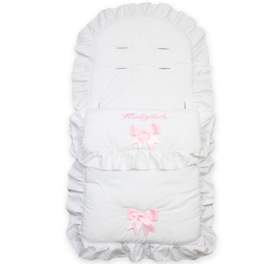 white personalised footmuff cosytoes with pink bows for a baby girl