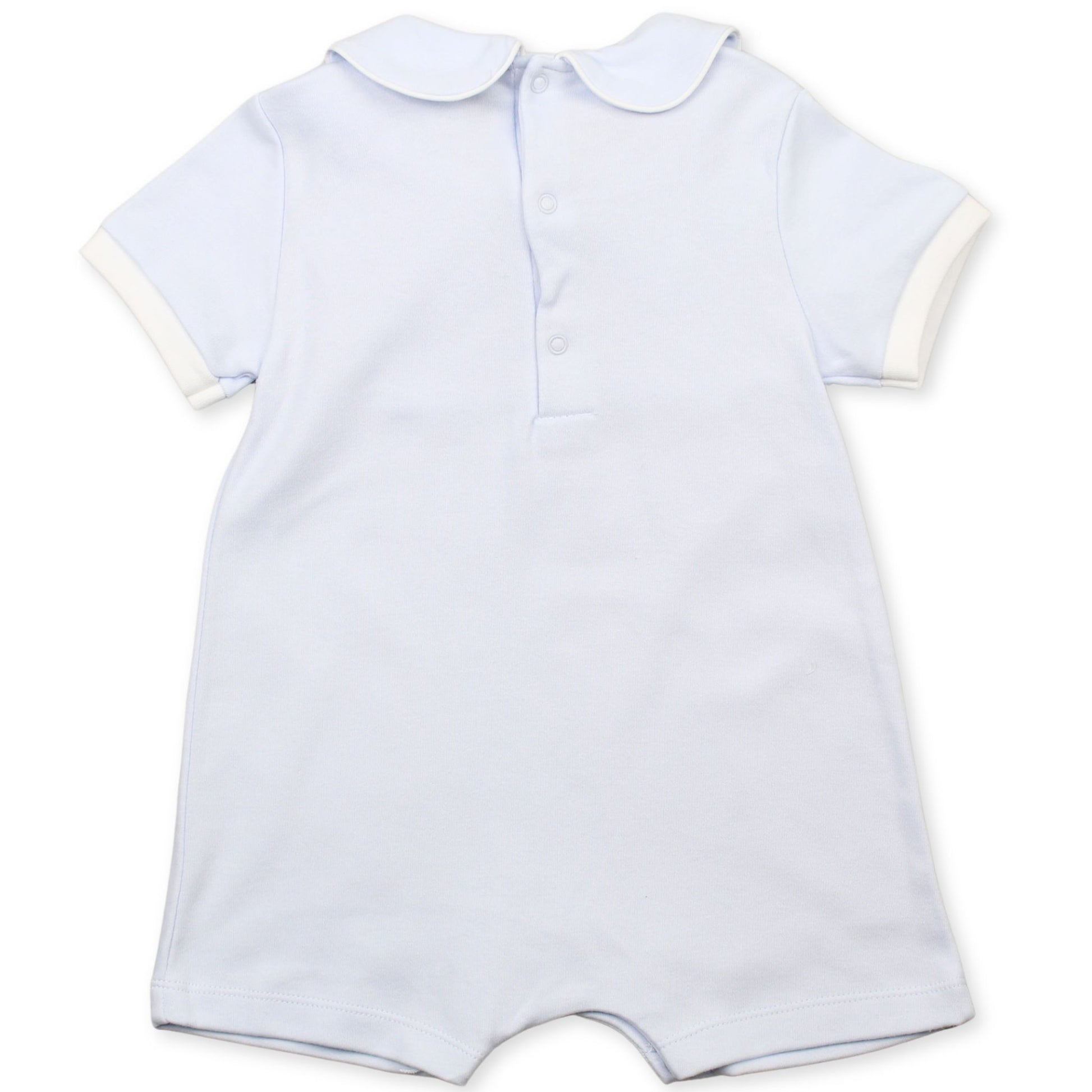 baby boys blue romper mock bib