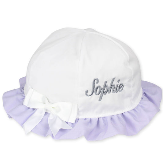 personalised sun hat baby girl white lilac summer sun hat
