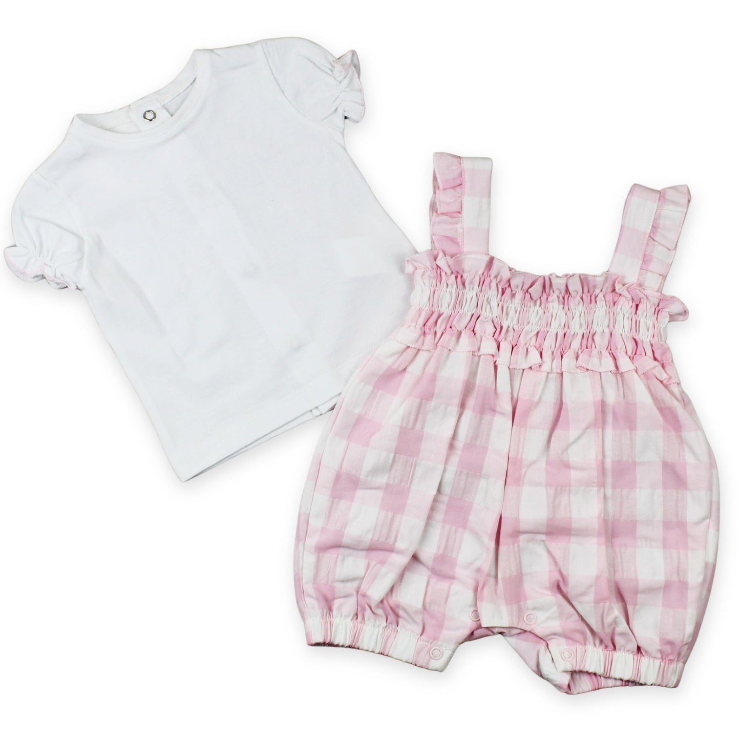 Baby Girls Pink Checked Romper & White T-Shirt Set – Summer Two-Piece Outfit