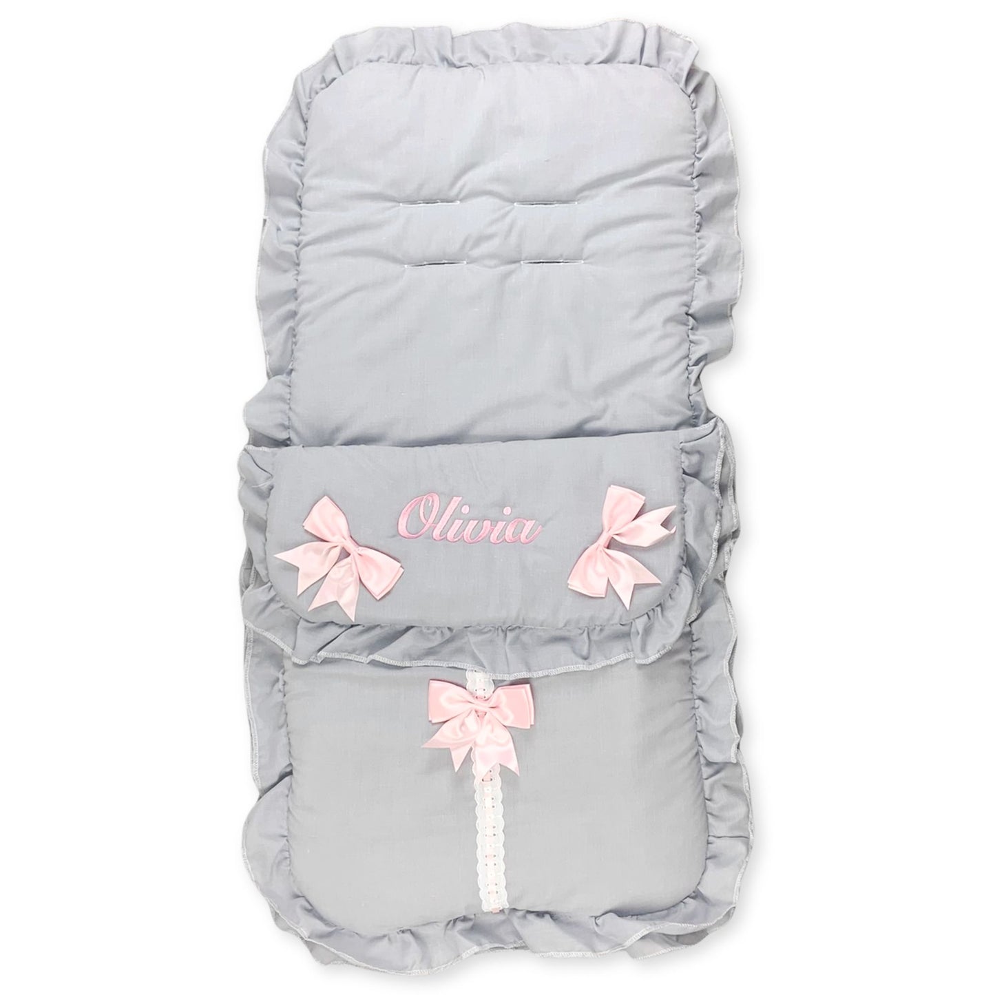 Personalised Grey Cosy Toes / Footmuff - With Pink Bows