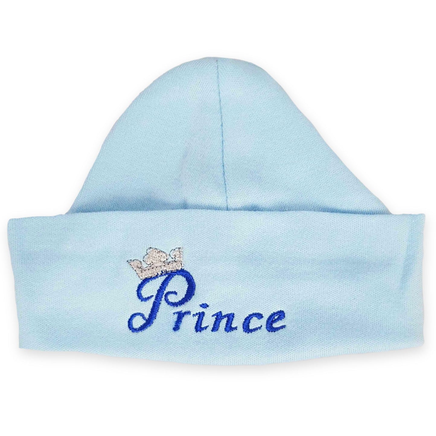 newborn cotton hat blue with prince embroidery