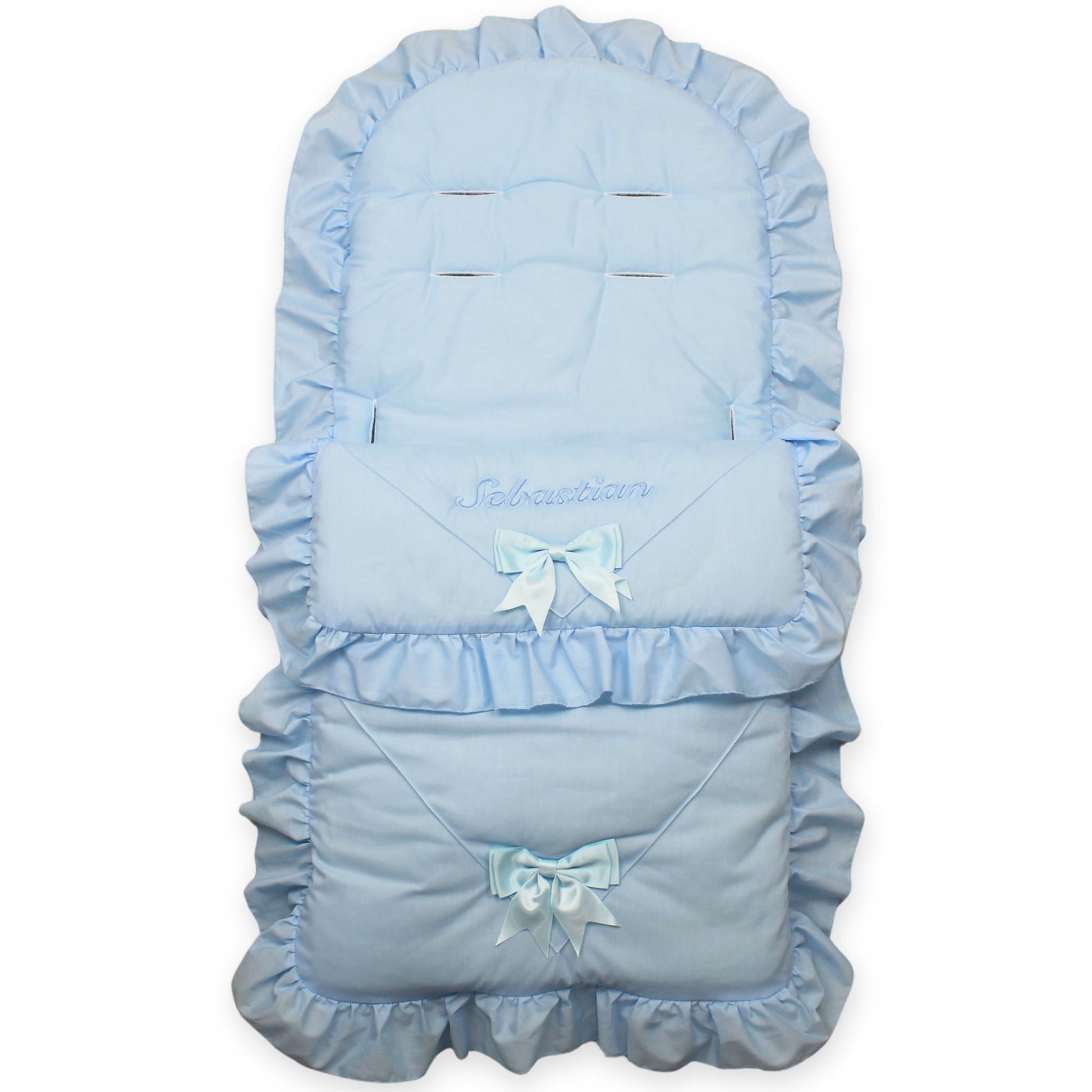 baby boys blue two satin bow universal footmuff personalised