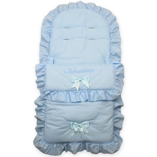 baby boys blue two satin bow universal footmuff personalised