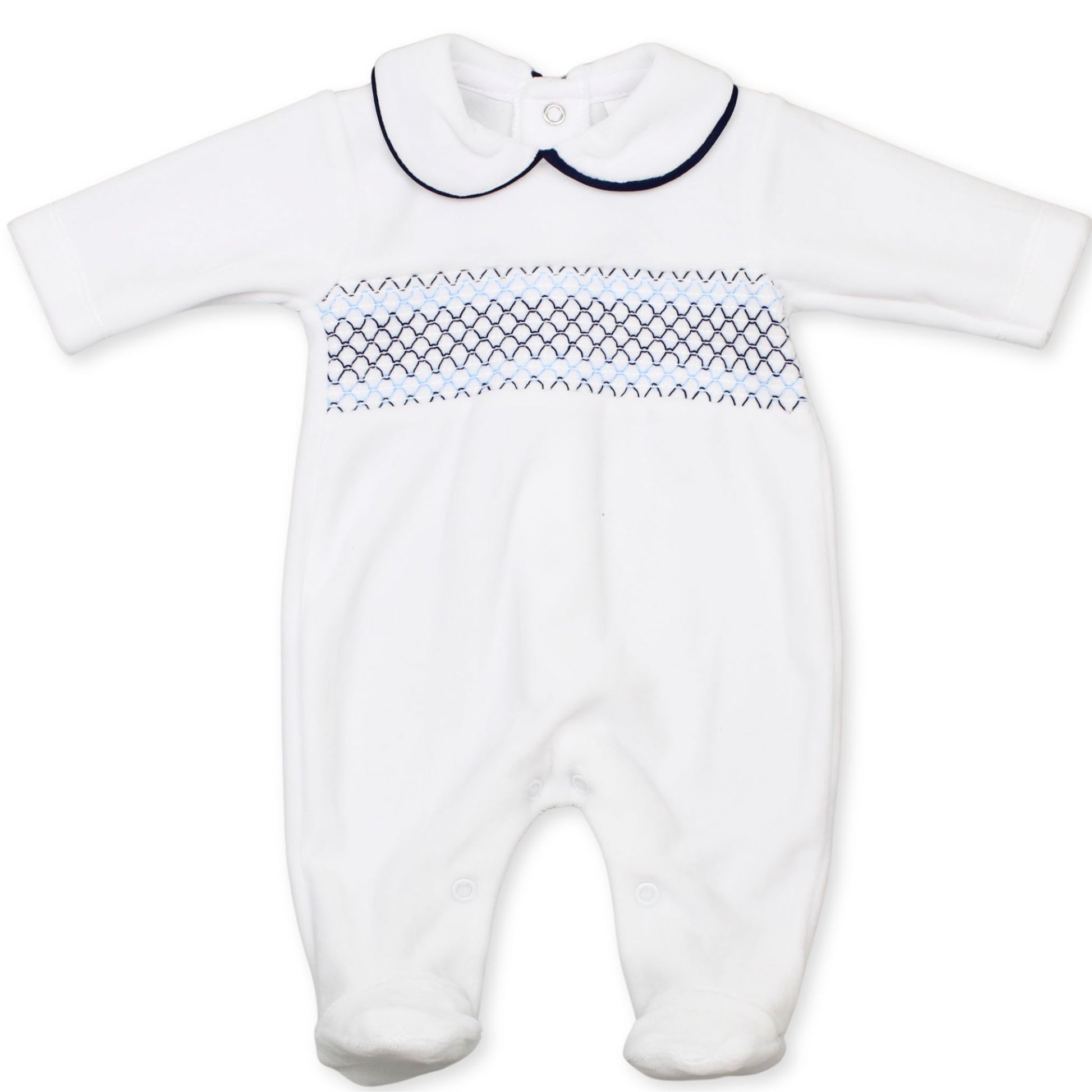 baby boys white and blue smocking velour outfit
