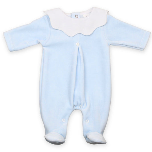 blue velour baby sleepsuit with collar