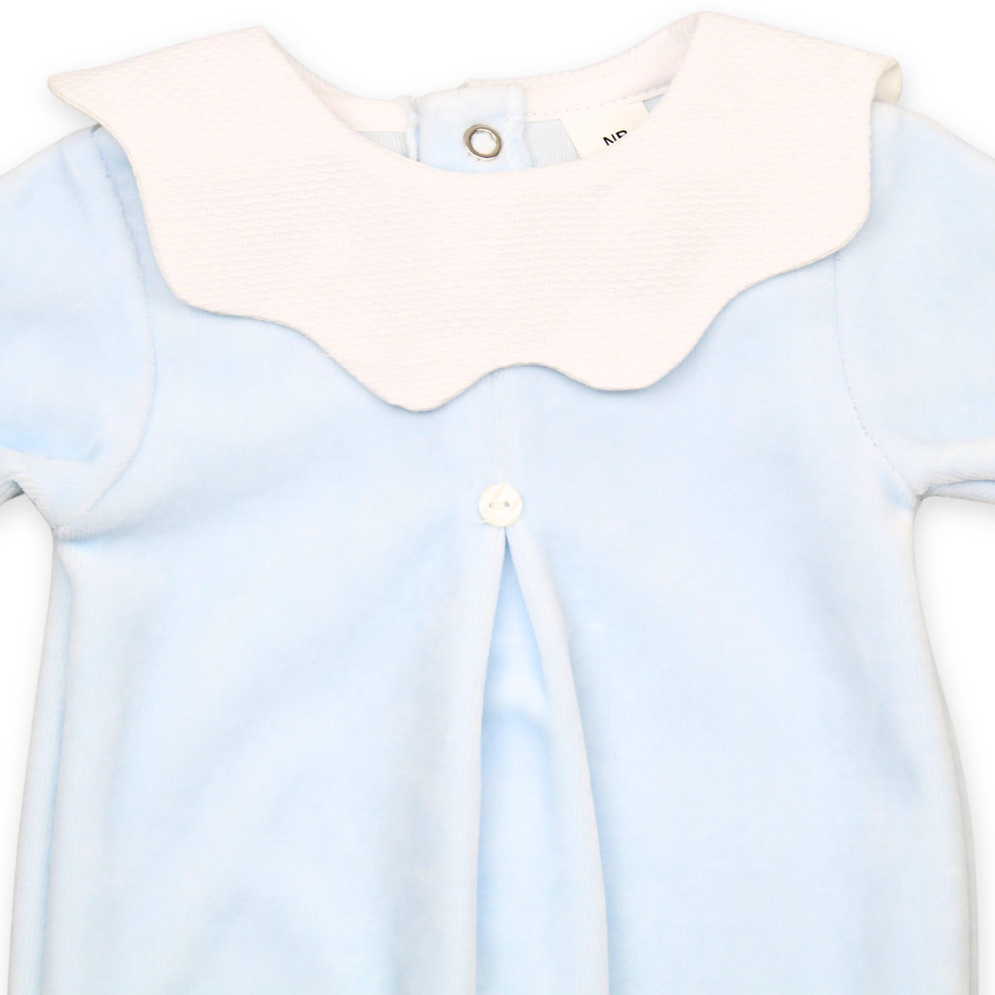 blue velour baby sleepsuit with collar
