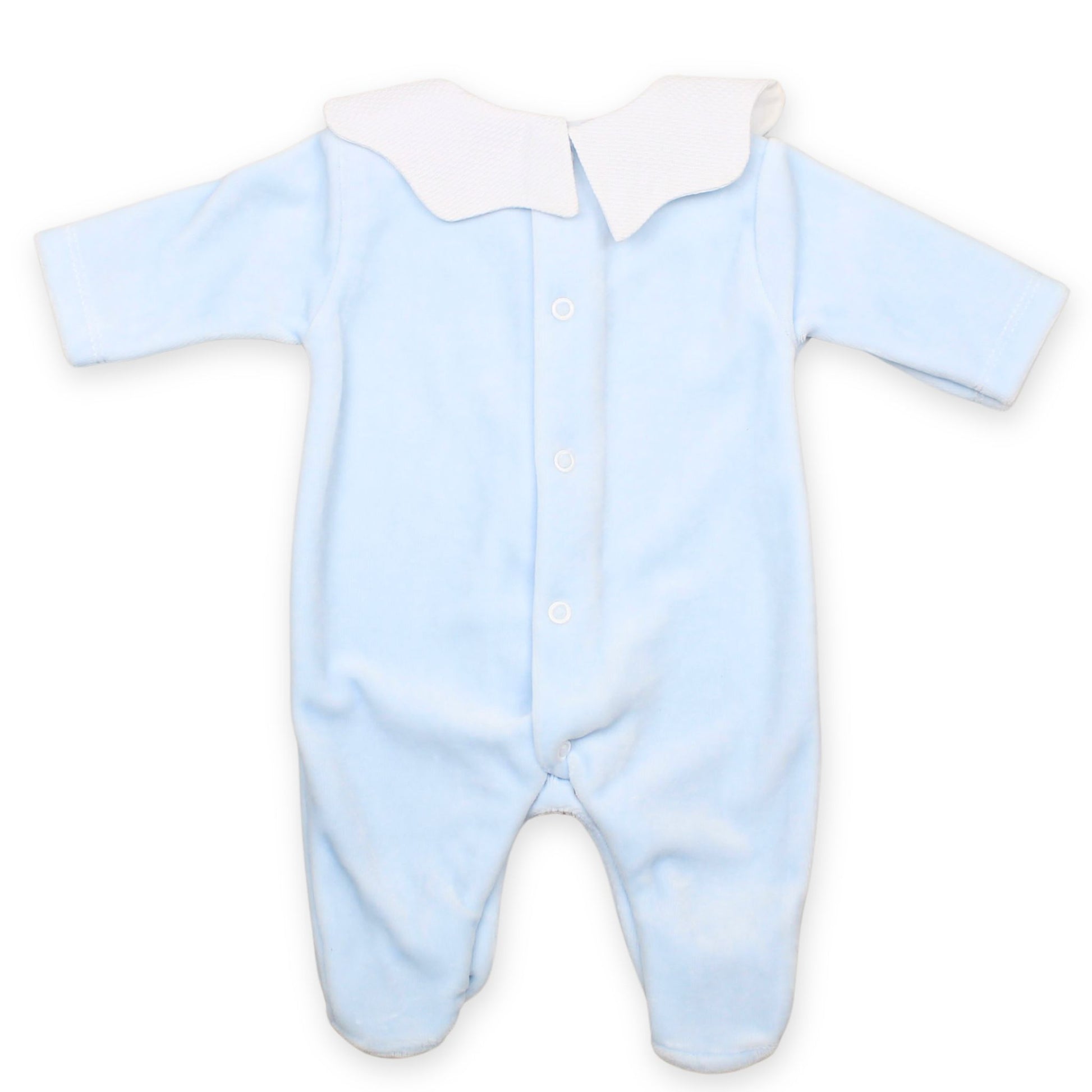 blue velour baby sleepsuit with collar