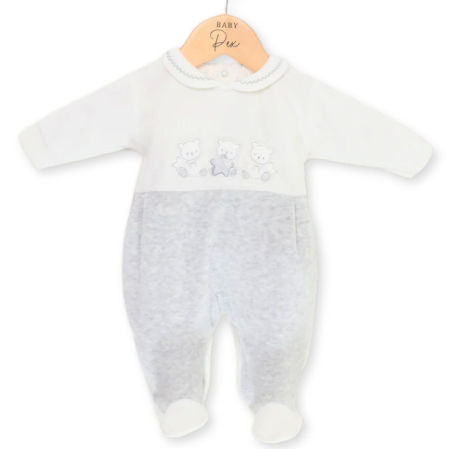 baby velour silver grey pex sleepsuit