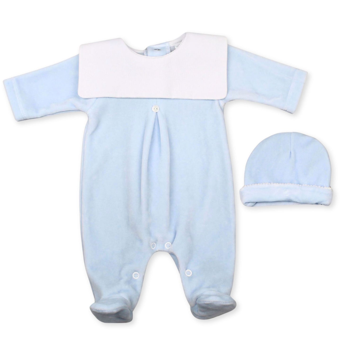 baby boys velour sleepsuit in blue with hat